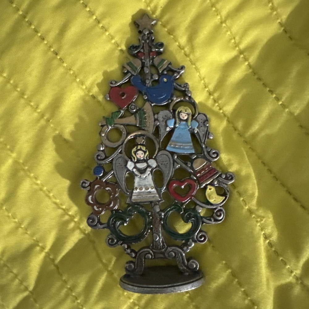 Kuhn Zinn Pewter Christmas Tree Enamel Hand Painted Figurine Germany 5"